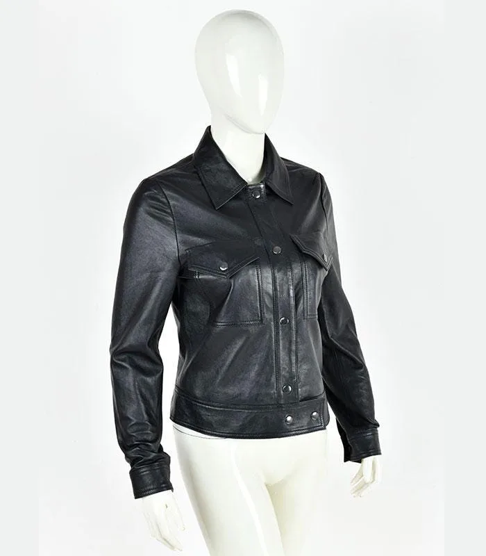 Black Leather Shacket | Genuine Leather Belted Trucker Jacket