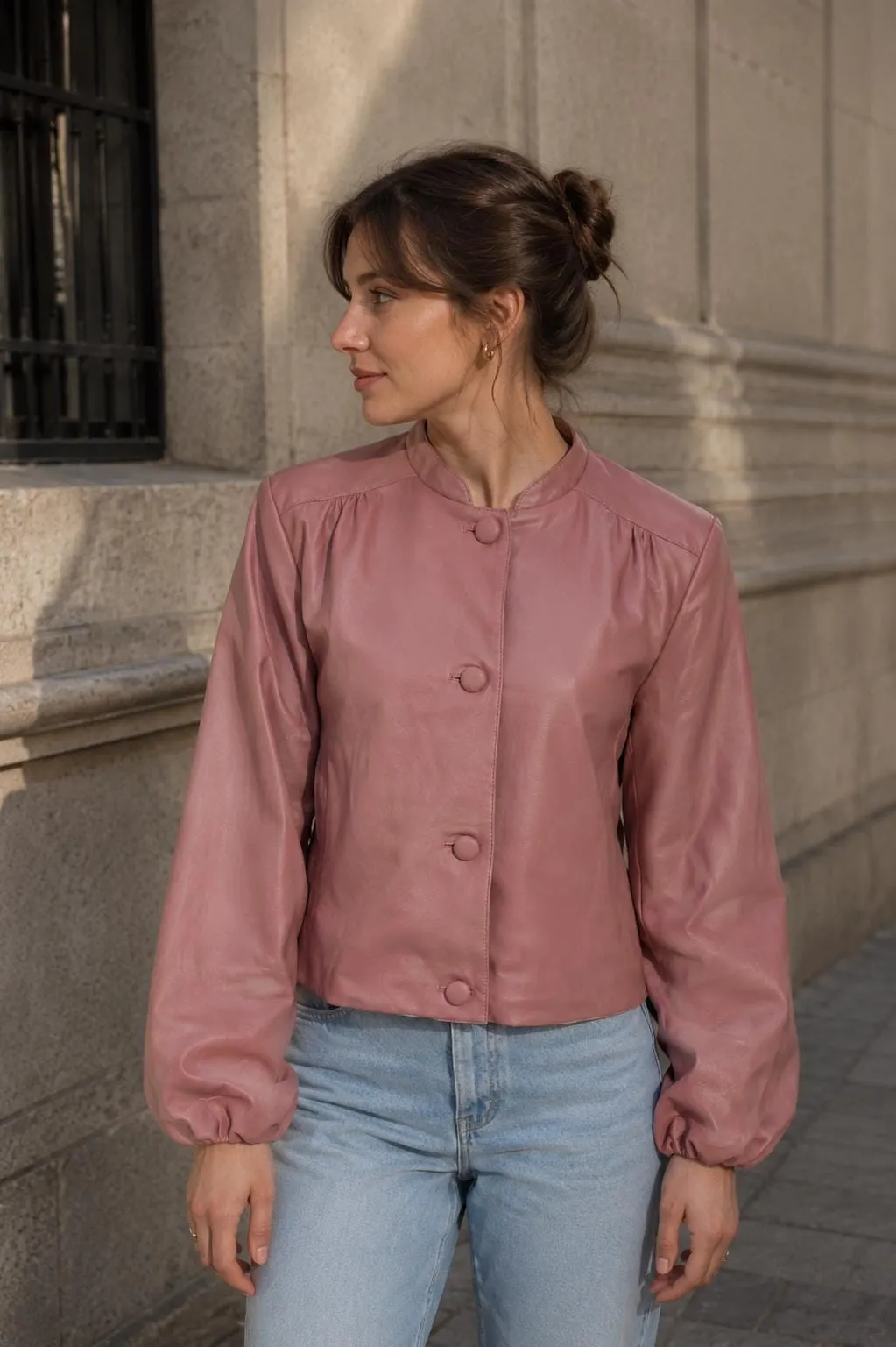 Minimalist Leather Jacket with Button Closure — Pink & Beige