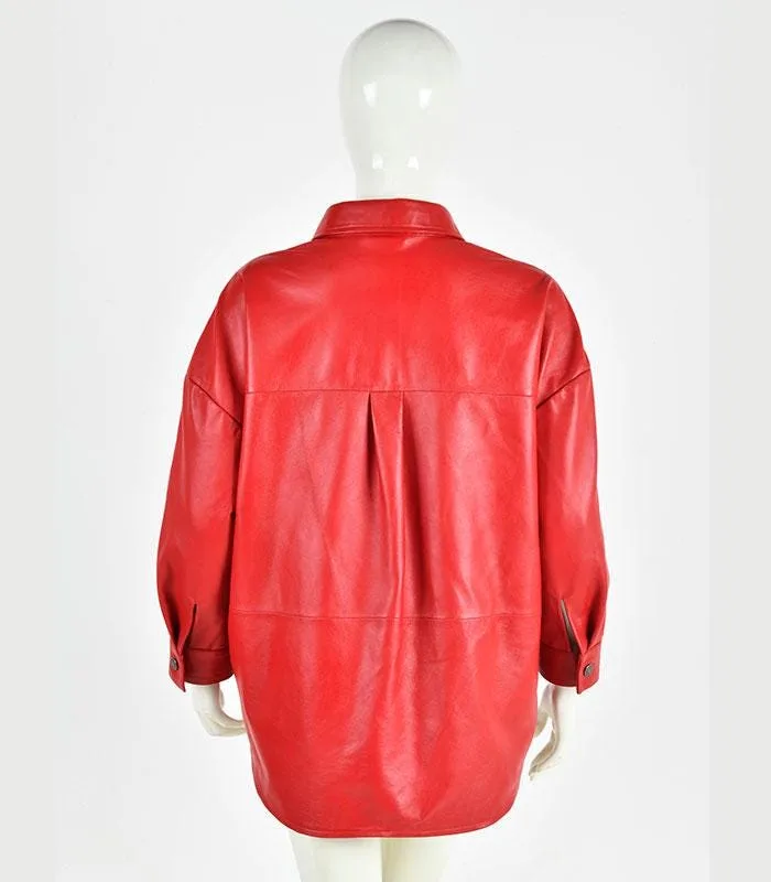 Oversized Red Leather Shirt Jacket | Pebbled Texture, Button-Up Blouse