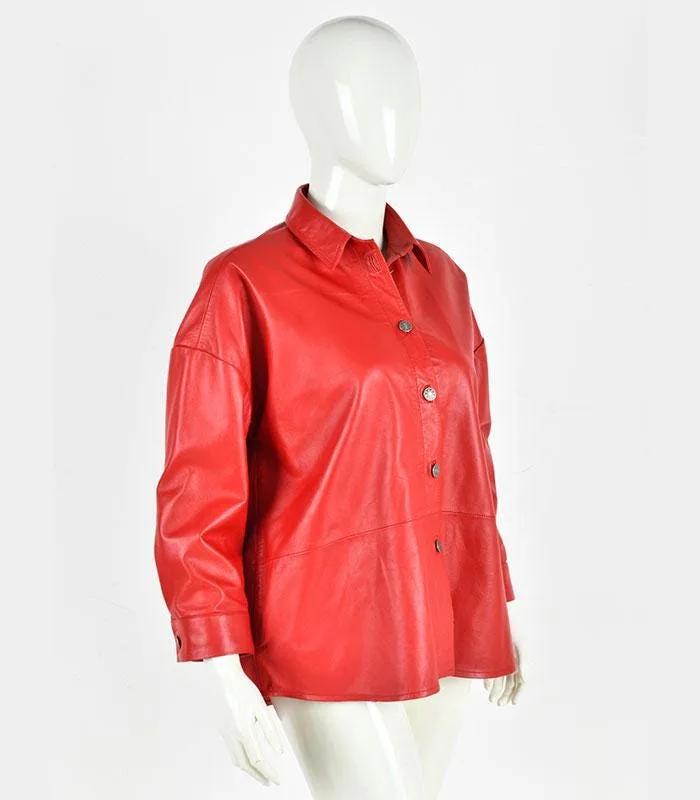 Oversized Red Leather Shirt Jacket | Pebbled Texture, Button-Up Blouse
