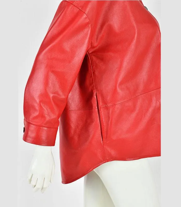 Oversized Red Leather Shirt Jacket | Pebbled Texture, Button-Up Blouse