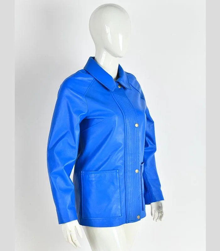 Women Blue Leather Jacket | Minimalist Button Front Coat