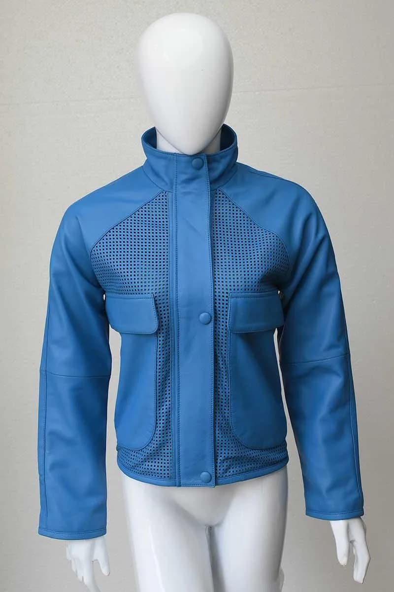 Women's Blue Perforated Leather Jacket - Button Up Moto Biker Jacket