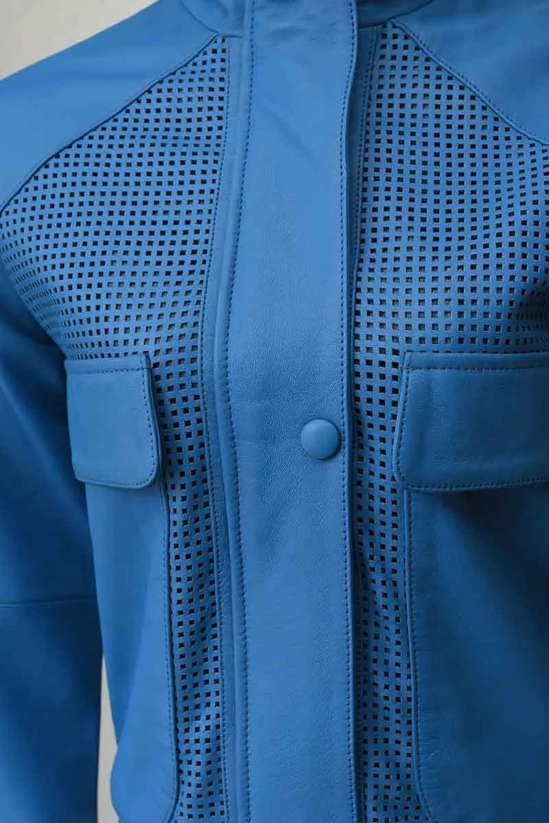 Women's Blue Perforated Leather Jacket - Button Up Moto Biker Jacket