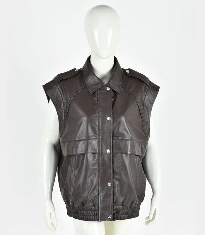 Women's Brown Genuine Leather Waistcoat | Button Front Sleeveless Vest