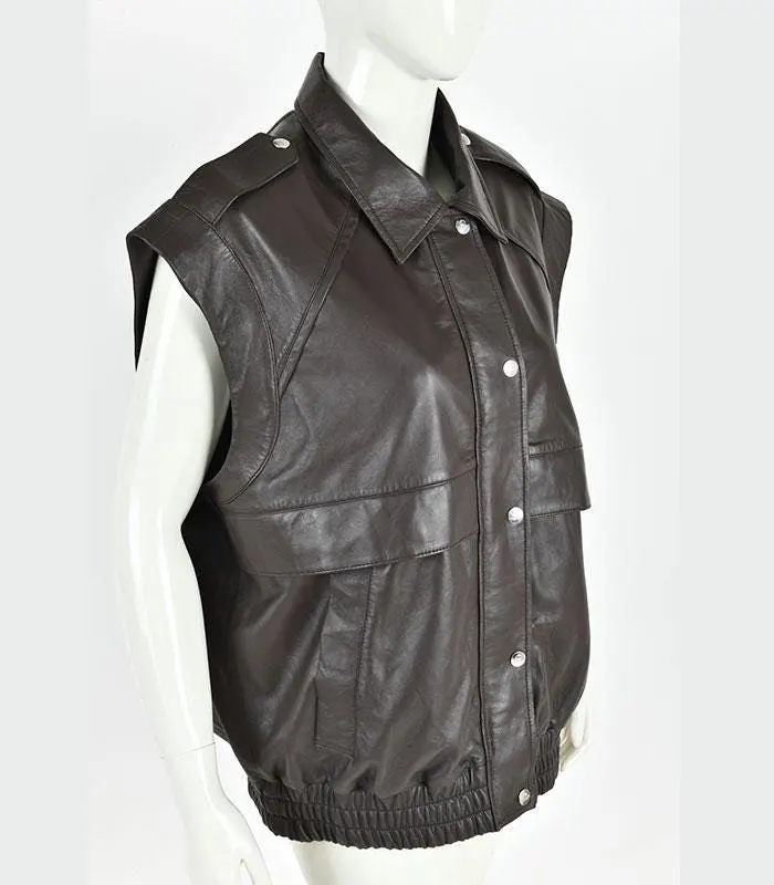 Women's Brown Genuine Leather Waistcoat | Button Front Sleeveless Vest