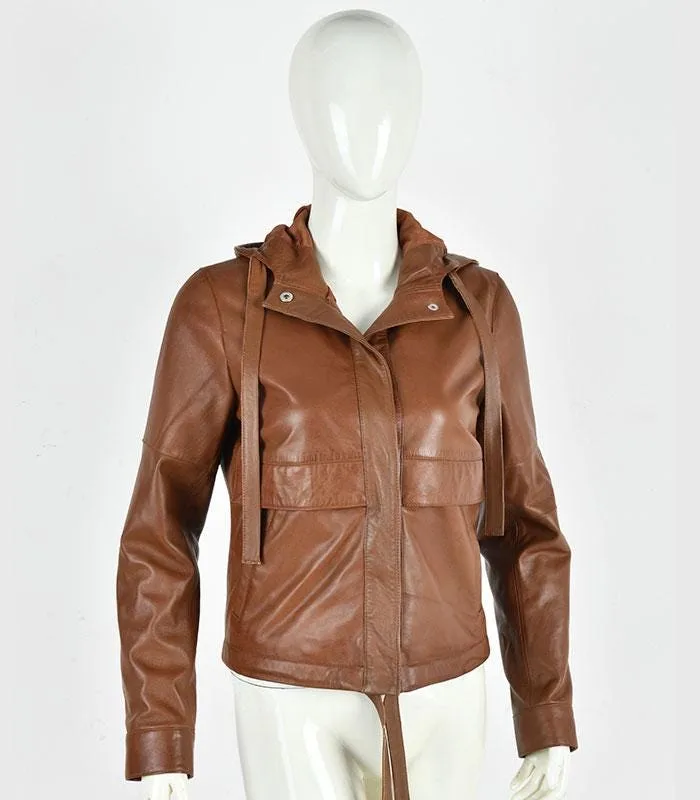 Women's Brown Leather Hooded Jacket | Zip Up Hoodie Coat, Vintage Style