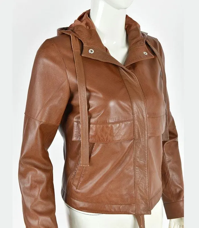 Women's Brown Leather Hooded Jacket | Zip Up Hoodie Coat, Vintage Style