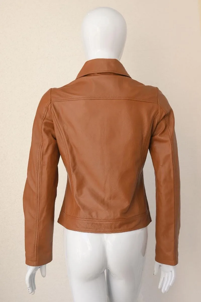 Women's Brown Leather Jacket - Fitted Cognac Tan Moto Biker Zip Up Jacket