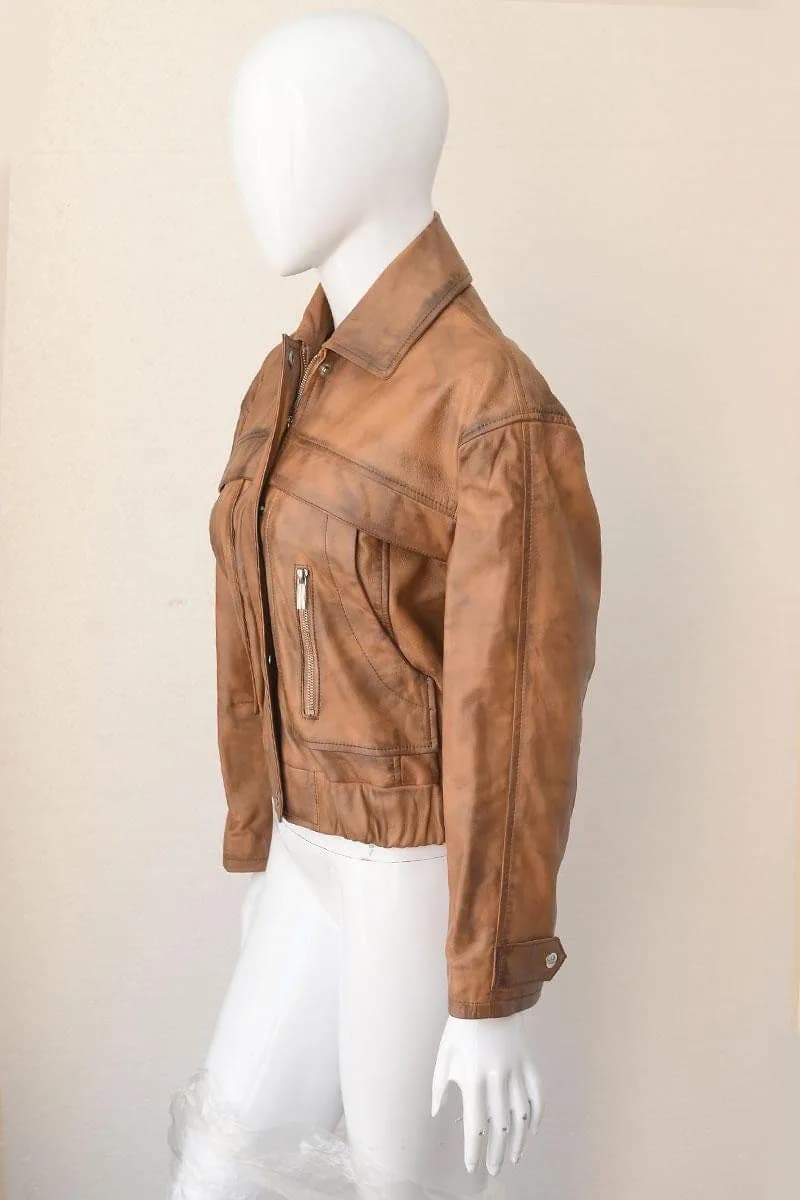 Women's Cropped Leather Jacket — Black & Brown Vintage Style