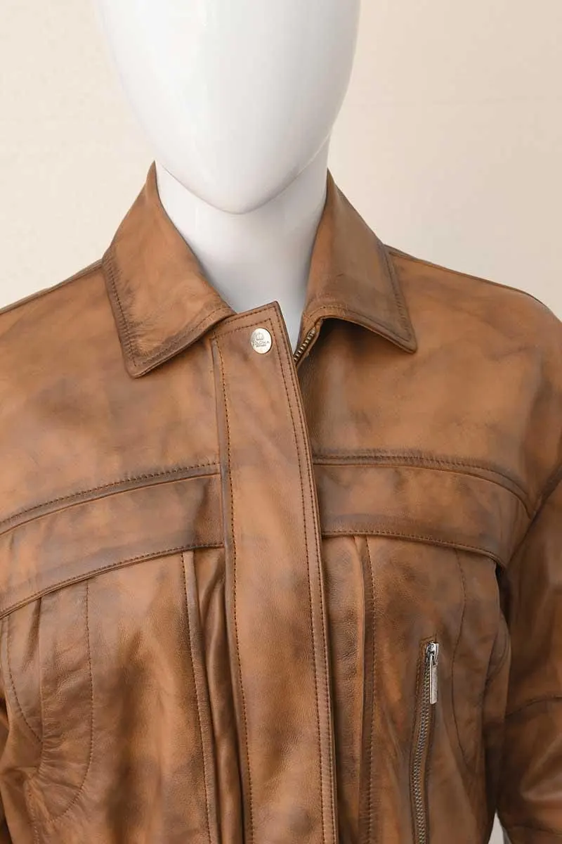 Women's Cropped Leather Jacket — Black & Brown Vintage Style