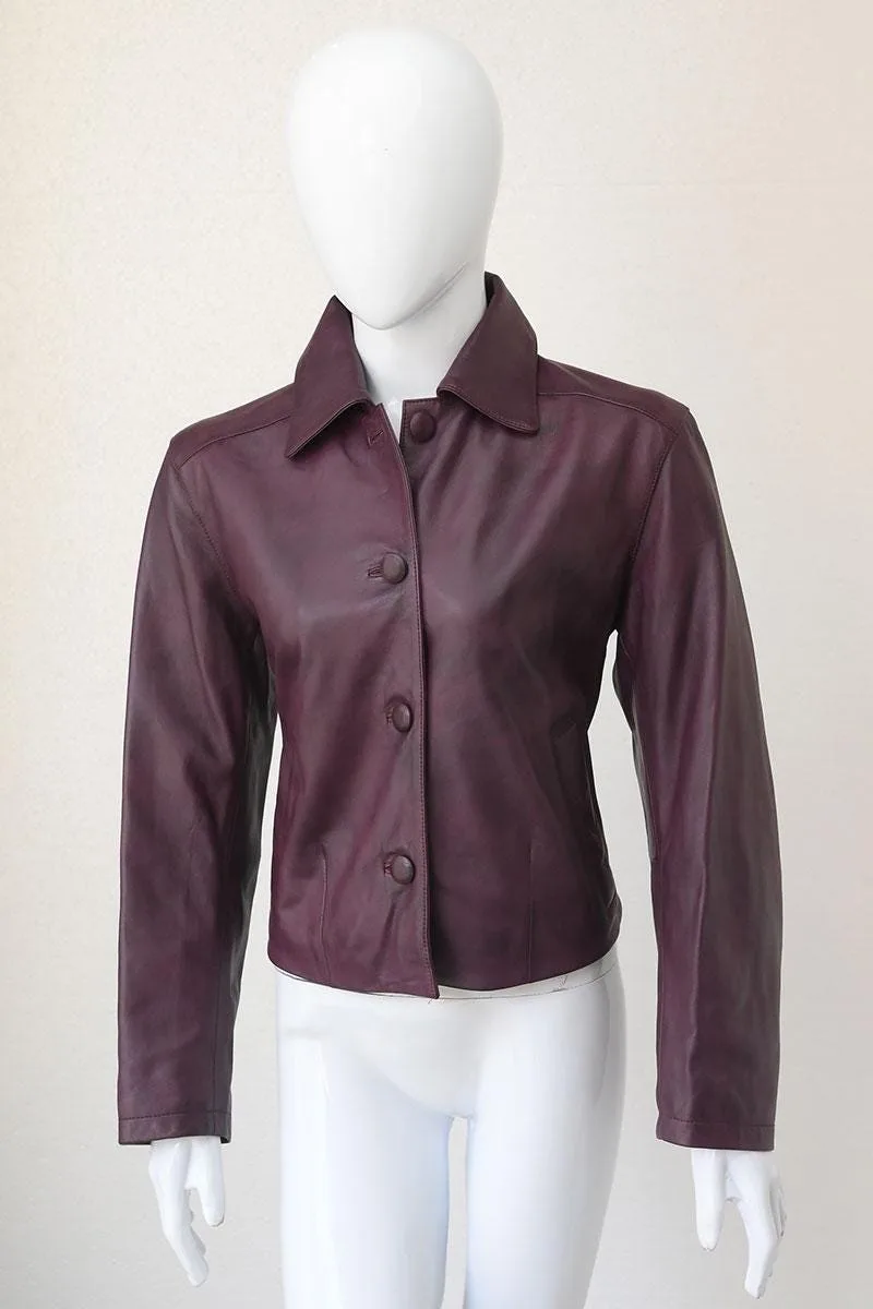 Women's Leather Blazer Jacket — Burgundy & Beige