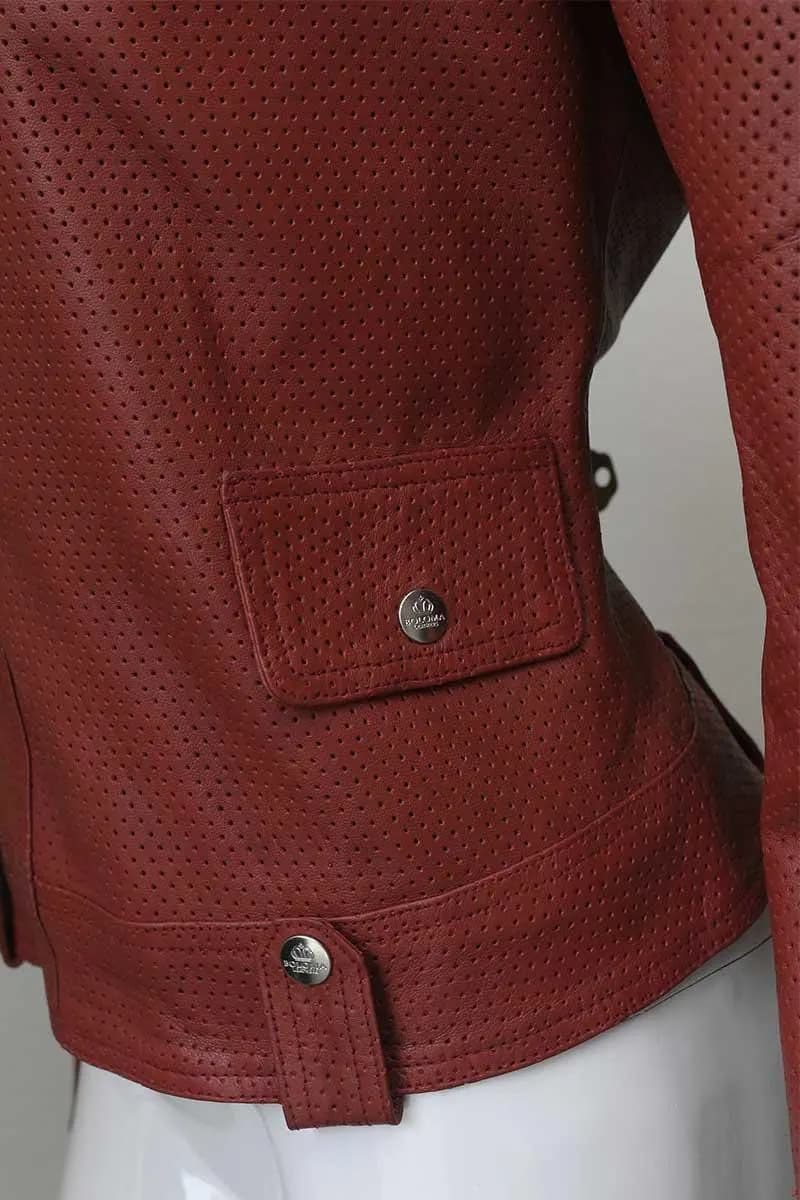 Women's Red Perforated Leather Biker Jacket | Handmade Moto Streetwear Coat
