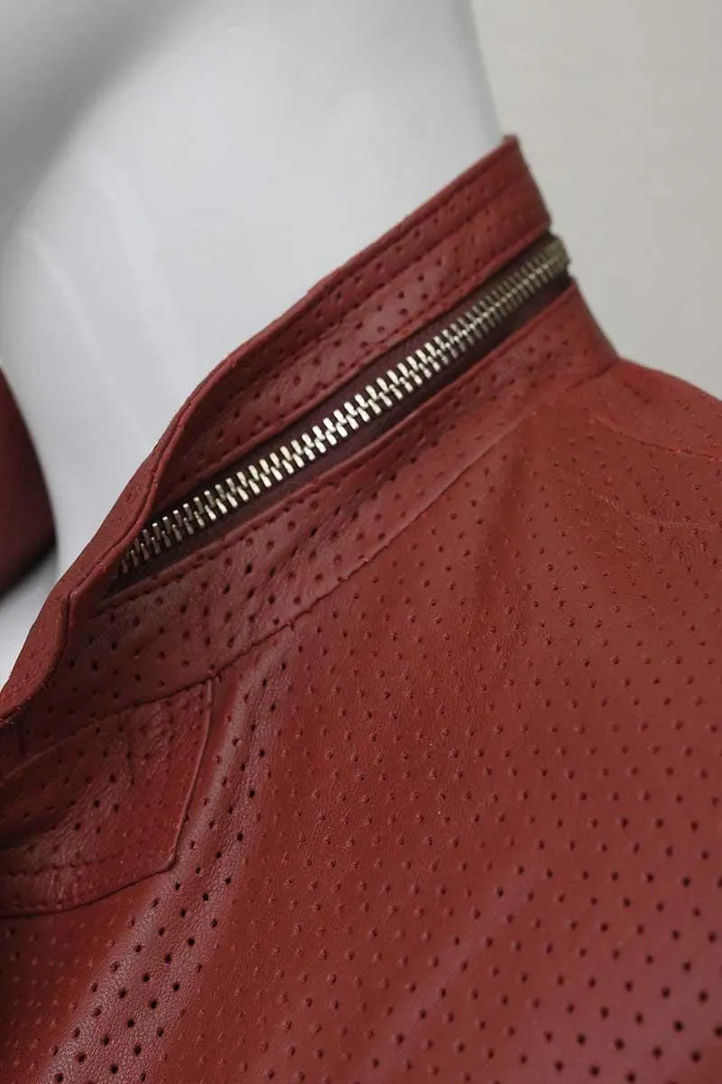 Women's Red Perforated Leather Biker Jacket | Handmade Moto Streetwear Coat