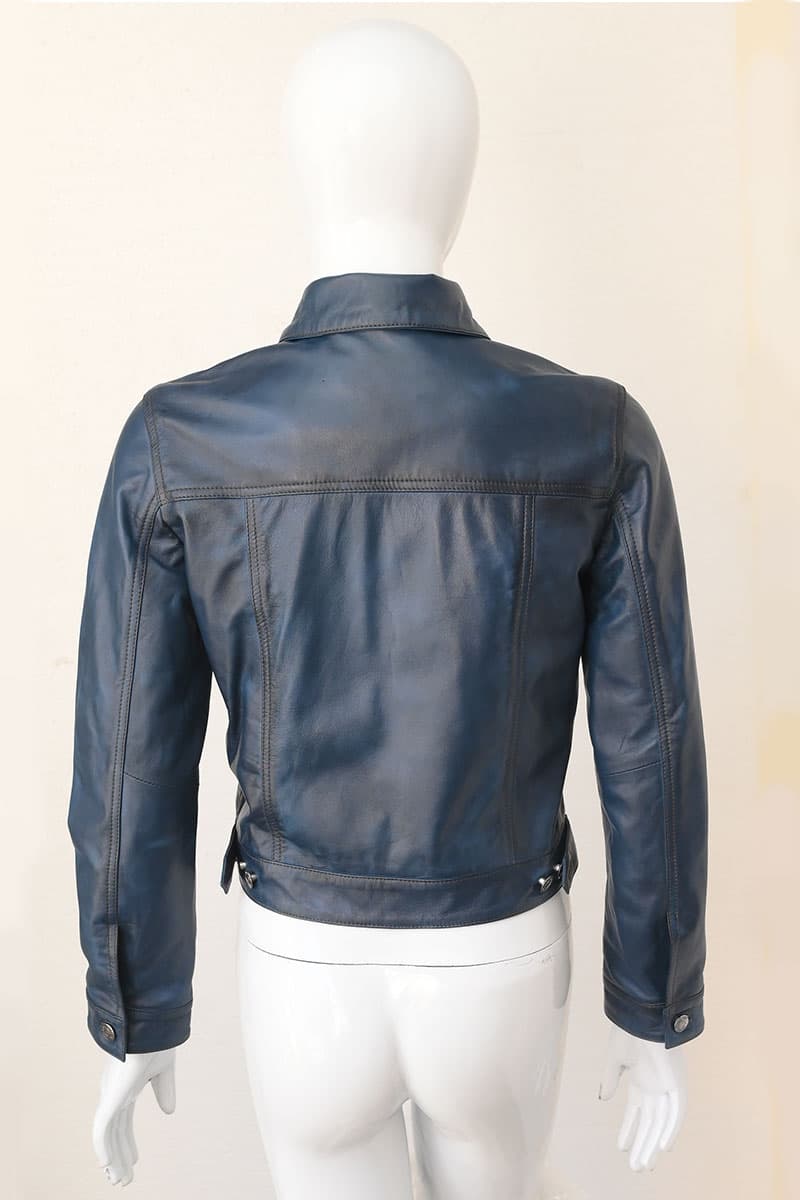 Women's Slim Fit Leather Biker Jacket — Black, Light Blue, Steel Blue