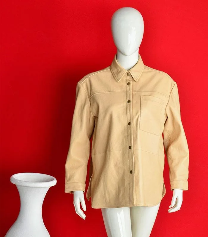 Beige Oversized Shacket Women Button Up Shirt Jacket Minimalist Casual Coat