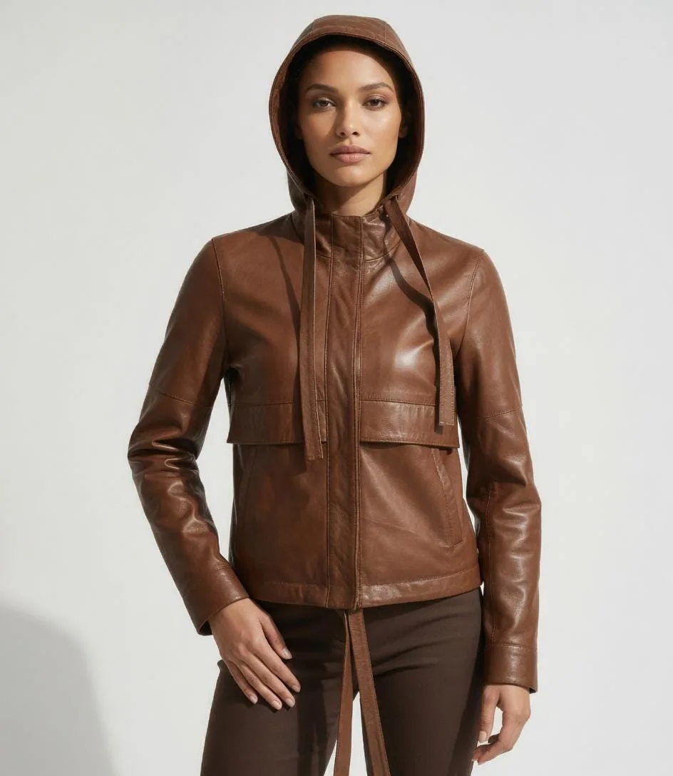 Women's Brown Leather Hooded Jacket | Zip Up Hoodie Coat, Vintage Style